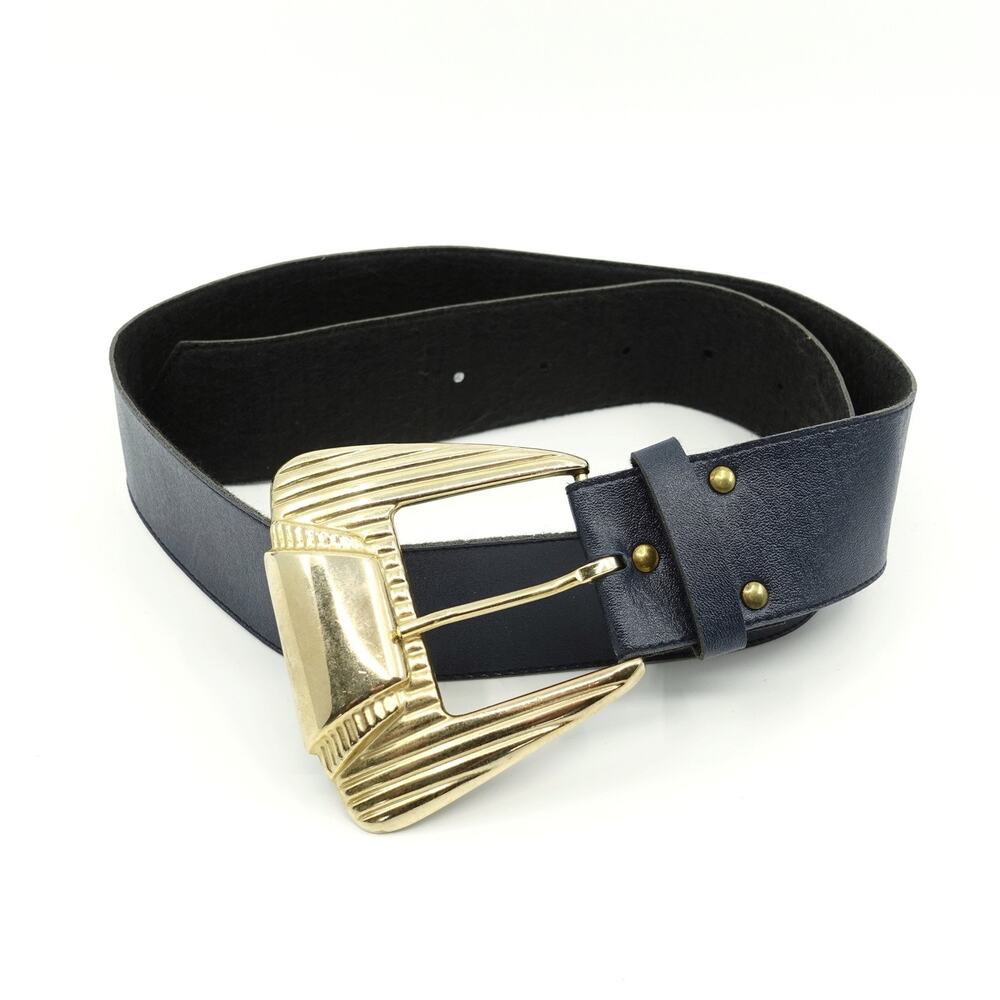 Vintage Navy Faux Leather Belt with Large Art Deco Buckle